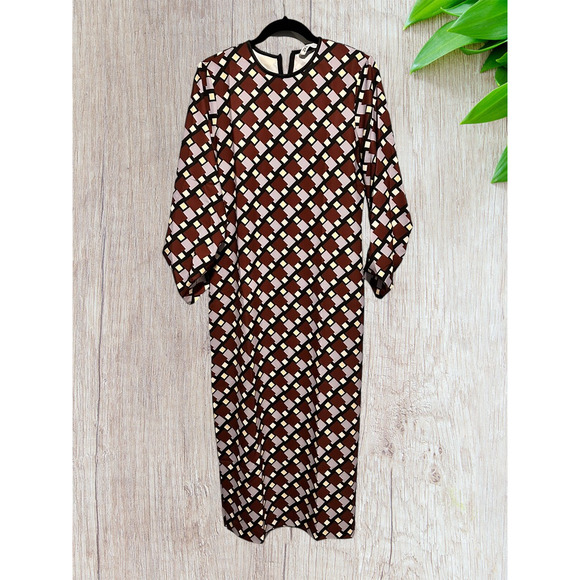 NWT - Zara Geometric Print  Brown, Black Multi Slit Midi Dress Small MSRP $ - Picture 2 of 7